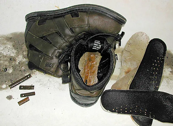Rusty Chotas - The Chota boots are amongst the most comfortable boots I have owned, but they were not constructed to endure my use. I have worn them in salt and fresh water, always rinsed them when I returned home and kept them as dry as possible. Still they slowly came apart, and as the inner soles and lining started coming off (right), I found the rusty remains of the \"steel\" inserted into the boot to make them better for hiking (left). Reinforcements like these are great, but they have to be stainless to take the constant soaking that wading boots naturally will meet.