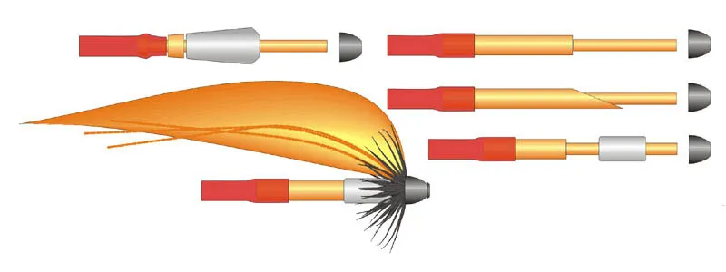 Cutting - Cutting the outer tube depends on the use. Top right is the most common way, middle right is for a lower wing and less bulk and in the bottom right the tube is adapted to a weight - a rear tube. The top left tube is a Pro Tube Micro tube, designed to make very compact flies with a central weight